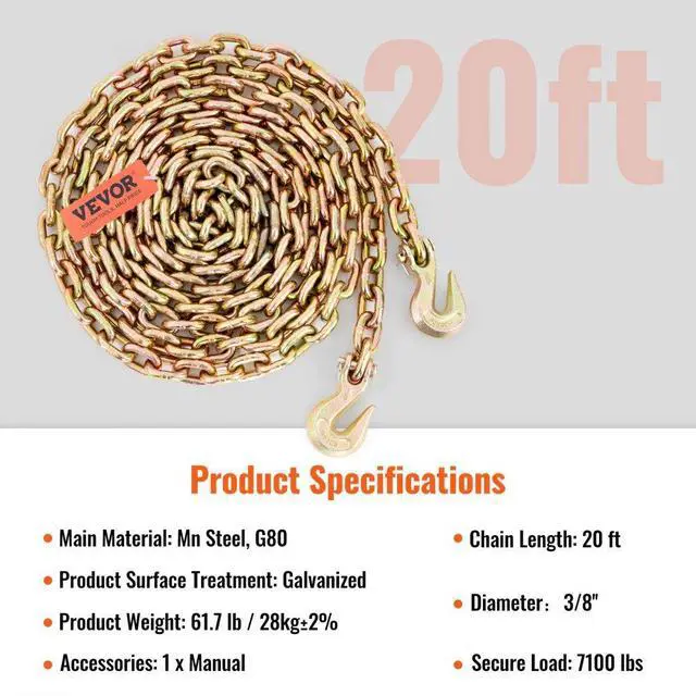 Alt view image 8 of 8 - VEVOR Transport Binder Chain, 7100lbs Working Load Limit, 3/8''x20' G80 Tow Chain Tie Down with Grab Hooks, DOT Certified, Galvanized Coating Manganese Steel for Dock Factory Construction Site, 2 Pack
