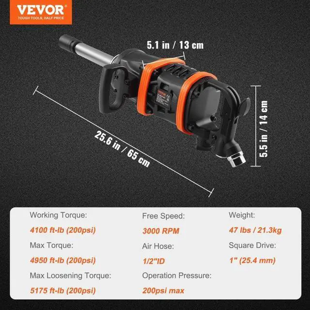 Alt view image 7 of 14 - VEVOR 1 Inch Air Impact Wrench, Up to 5175 ft-lbs Beast Reverse Torque Output Pneumatic Impact Gun w/ 8 Inch Extended Anvil for Repairs and Maintenance of Heavy Duty Machinery / Semi-Truck / Bus