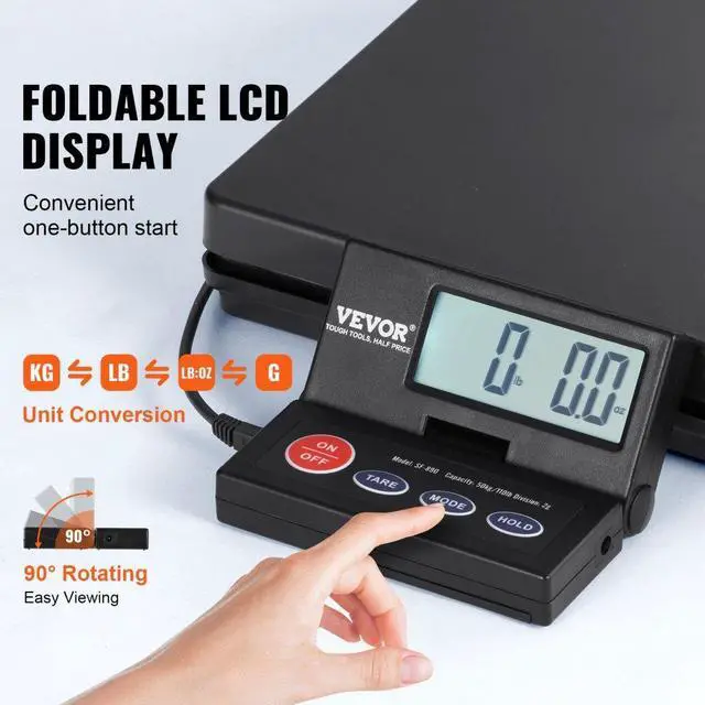 Alt view image 5 of 8 - VEVOR Digital Shipping Scale, 110 lbs x 0.07 oz. Heavy Duty Postal Scale with Timer, Tare, Hold Function, 90 Foldable LCD Screen Package Scale for Laggage, Home, Post Office, AC/DC Powered, FCC Liste