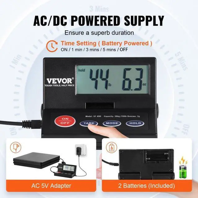 Alt view image 6 of 8 - VEVOR Digital Shipping Scale, 110 lbs x 0.07 oz. Heavy Duty Postal Scale with Timer, Tare, Hold Function, 90 Foldable LCD Screen Package Scale for Laggage, Home, Post Office, AC/DC Powered, FCC Liste