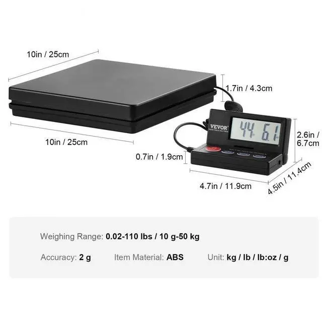 Alt view image 8 of 8 - VEVOR Digital Shipping Scale, 110 lbs x 0.07 oz. Heavy Duty Postal Scale with Timer, Tare, Hold Function, 90 Foldable LCD Screen Package Scale for Laggage, Home, Post Office, AC/DC Powered, FCC Liste