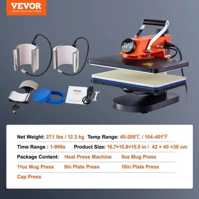 Alt view image 8 of 8 - VEVOR Heat Press Machine - 6 in 1 Heat Press Sublimation Machine for DIY T-Shirts/Hats/Mugs/Heat Transfer Projects, 12x15 Multifunction Swing Away Heat Press with 360 Rotation/Mica Heating/Knob-style