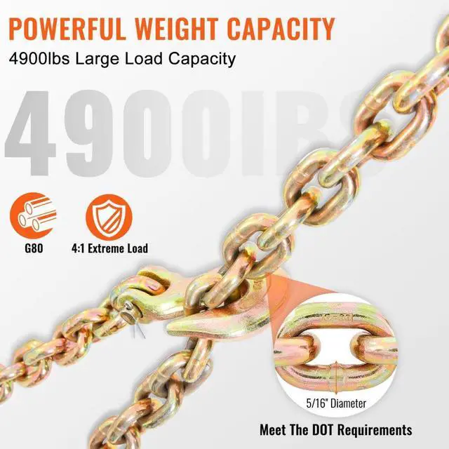 Alt view image 4 of 8 - VEVOR Transport Binder Chain, 4900lbs Working Load Limit, 5/16''x20' G80 Tow Chain Tie Down with Grab Hooks, DOT Certified, Galvanized Coating Manganese Steel for Dock Factory Construction Site, 2Pack
