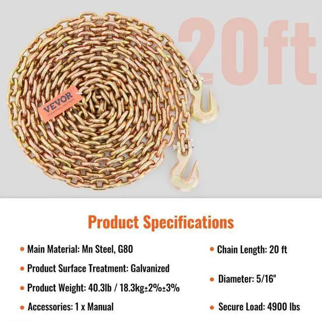 Alt view image 8 of 8 - VEVOR Transport Binder Chain, 4900lbs Working Load Limit, 5/16''x20' G80 Tow Chain Tie Down with Grab Hooks, DOT Certified, Galvanized Coating Manganese Steel for Dock Factory Construction Site, 2Pack