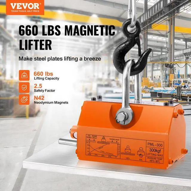Alt view image 3 of 15 - VEVOR Magnetic Lifter, 660 lbs/300 kg Pulling Capacity, 2.5 Safety Factor, Neodymium & Steel, Lifting Magnet with Release, Permanent Lift Magnets, Heavy Duty Magnet for Hoist, Shop Crane, Block, Board
