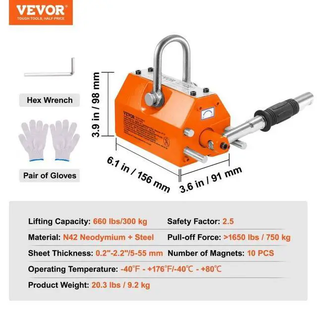 Alt view image 8 of 15 - VEVOR Magnetic Lifter, 660 lbs/300 kg Pulling Capacity, 2.5 Safety Factor, Neodymium & Steel, Lifting Magnet with Release, Permanent Lift Magnets, Heavy Duty Magnet for Hoist, Shop Crane, Block, Board