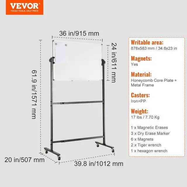Alt view image 7 of 7 - VEVOR Rolling Magnetic Whiteboard, Double-sided Mobile Whiteboard 36x24 Inches, Adjustable Height Dry Erase Board with Wheels, 1 Magnetic Erase & 3 Dry Erase Markers & Movable Tray Office, School