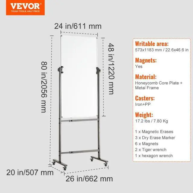 Alt view image 7 of 7 - VEVOR Rolling Magnetic Whiteboard, Double-sided Mobile Whiteboard 24x48 Inches, Adjustable Height Dry Erase Board with Wheels, 1 Magnetic Erase & 3 Dry Erase Markers & Movable Tray for Office School