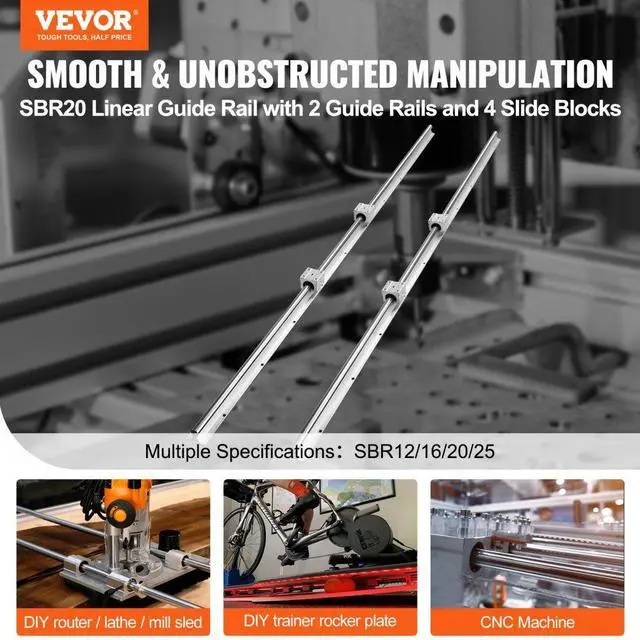 Alt view image 2 of 14 - VEVOR Linear Guide Rail Set, SBR20 1500mm, 2 PCS 59 in/1500 mm SBR20 Guide Rails and 4 PCS SBR20UU Slide Blocks, Linear Rails and Bearings Kit for Automated Machines DIY Project CNC Router Machines