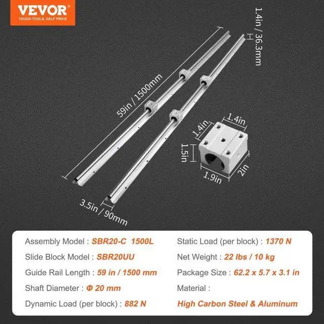 Alt view image 7 of 14 - VEVOR Linear Guide Rail Set, SBR20 1500mm, 2 PCS 59 in/1500 mm SBR20 Guide Rails and 4 PCS SBR20UU Slide Blocks, Linear Rails and Bearings Kit for Automated Machines DIY Project CNC Router Machines