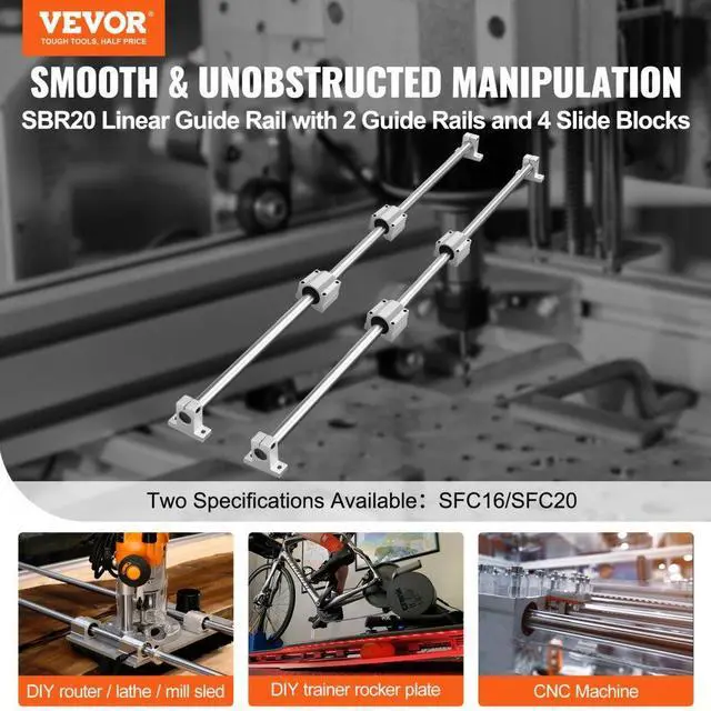 Alt view image 2 of 7 - VEVOR Linear Guide Rail Set, SFC20 1200mm, 2 PCS 47.2 in/1200 mm SFC20 Guide Rails 4 PCS SC20 Slide Blocks 4 PCS Rail Supports, Linear Rails and Bearings Kit for Automated Machines CNC DIY Project