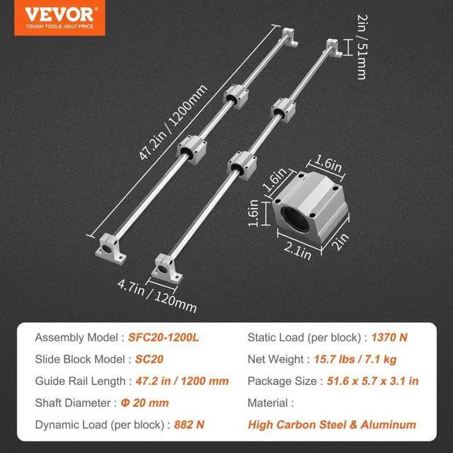 Alt view image 7 of 7 - VEVOR Linear Guide Rail Set, SFC20 1200mm, 2 PCS 47.2 in/1200 mm SFC20 Guide Rails 4 PCS SC20 Slide Blocks 4 PCS Rail Supports, Linear Rails and Bearings Kit for Automated Machines CNC DIY Project