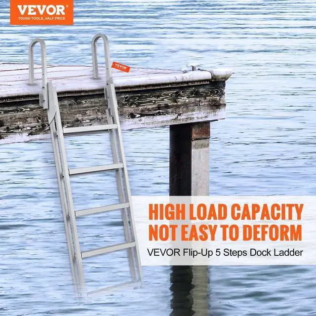 Alt view image 3 of 15 - VEVOR Dock Ladder, Flip-Up 5 Steps, 350 lbs Load Capacity, Aluminum Alloy Pontoon Boat Ladder with 4'' Wide Step & Nonslip Rubber Mat, Easy to Install for Ship/Lake/Pool/Marine Boarding