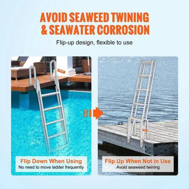 Alt view image 4 of 15 - VEVOR Dock Ladder, Flip-Up 5 Steps, 350 lbs Load Capacity, Aluminum Alloy Pontoon Boat Ladder with 4'' Wide Step & Nonslip Rubber Mat, Easy to Install for Ship/Lake/Pool/Marine Boarding