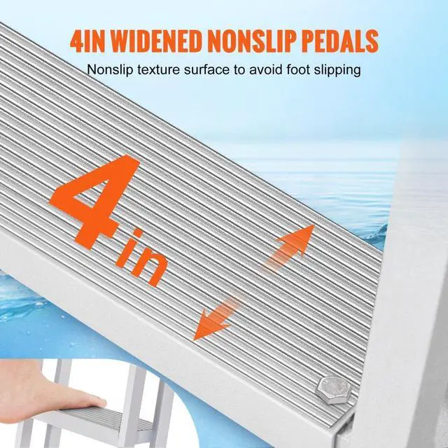 Alt view image 6 of 15 - VEVOR Dock Ladder, Flip-Up 5 Steps, 350 lbs Load Capacity, Aluminum Alloy Pontoon Boat Ladder with 4'' Wide Step & Nonslip Rubber Mat, Easy to Install for Ship/Lake/Pool/Marine Boarding