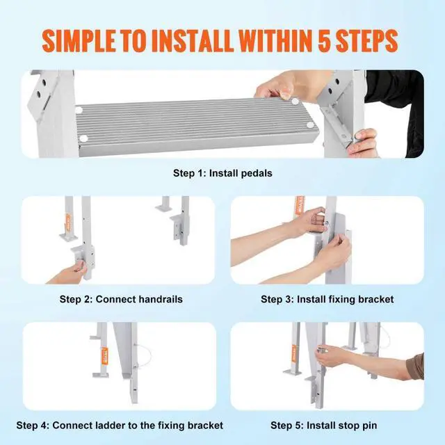 Alt view image 7 of 15 - VEVOR Dock Ladder, Flip-Up 5 Steps, 350 lbs Load Capacity, Aluminum Alloy Pontoon Boat Ladder with 4'' Wide Step & Nonslip Rubber Mat, Easy to Install for Ship/Lake/Pool/Marine Boarding