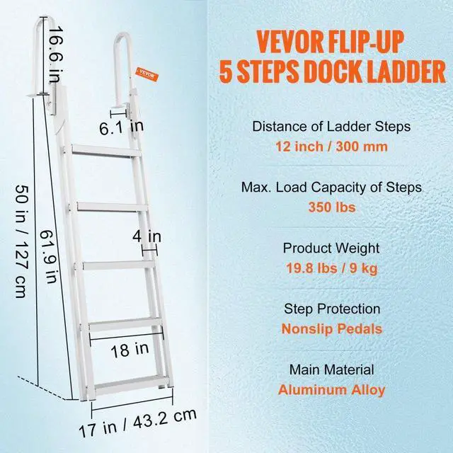 Alt view image 8 of 15 - VEVOR Dock Ladder, Flip-Up 5 Steps, 350 lbs Load Capacity, Aluminum Alloy Pontoon Boat Ladder with 4'' Wide Step & Nonslip Rubber Mat, Easy to Install for Ship/Lake/Pool/Marine Boarding