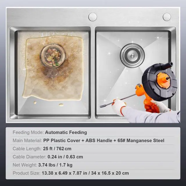 Alt view image 8 of 15 - VEVOR Drain Auger, 25ft 1/4in Heavy Duty Flexible Drum Plumbing Drain Snake with Drill Adapter, Use Manually/Powered Steel Cable Clog Remover, Kitchen Bathrom Shower Sink with Gloves Autofeed Control