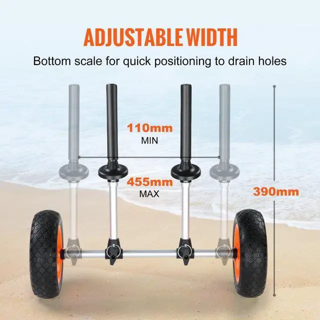 Alt view image 6 of 8 - VEVOR Heavy Duty Kayak Cart, 280lbs Load Capacity, Detachable Canoe Trolley Cart with 10'' Solid Tires, Adjustable Width & Top Foam Protection, for Kayaks with Drain Holes of 2.54mm and Above