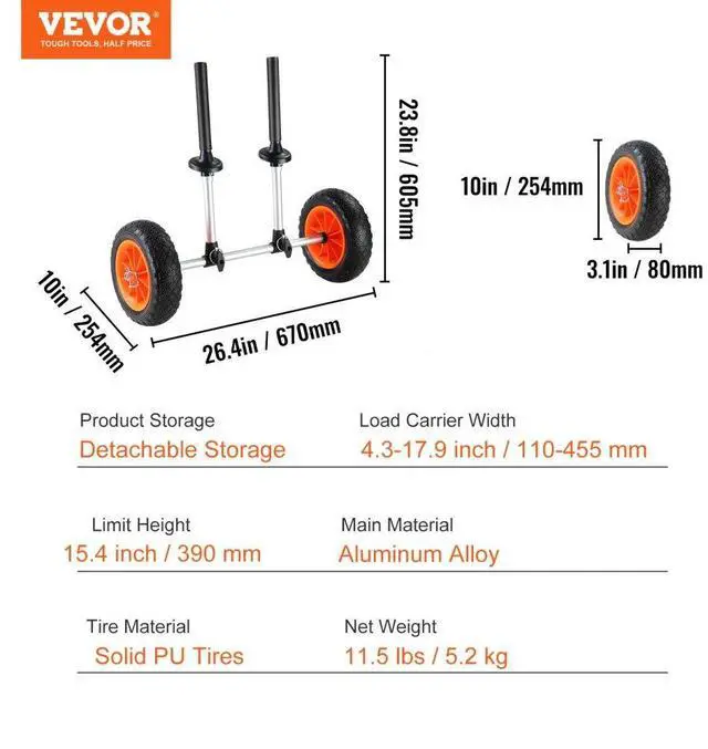 Alt view image 8 of 8 - VEVOR Heavy Duty Kayak Cart, 280lbs Load Capacity, Detachable Canoe Trolley Cart with 10'' Solid Tires, Adjustable Width & Top Foam Protection, for Kayaks with Drain Holes of 2.54mm and Above