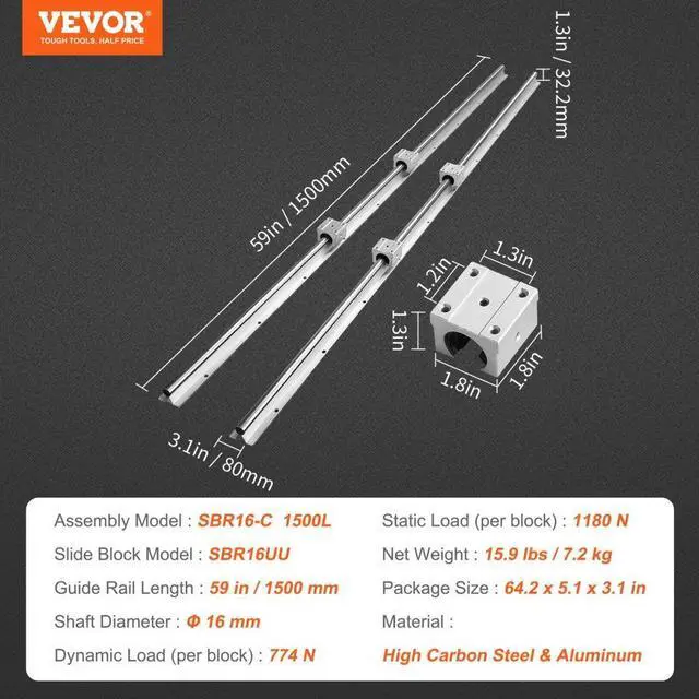 Alt view image 7 of 7 - VEVOR Linear Guide Rail Set, SBR16 1500mm, 2 PCS 59 in/1500 mm SBR16 Guide Rails and 4 PCS SBR16UU Slide Blocks, Linear Rails and Bearings Kit for Automated Machines DIY Project CNC Router Machines