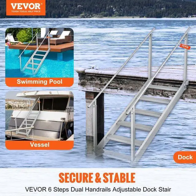 Alt view image 3 of 8 - VEVOR Dock Ladder, 43''-51'' Adjustable Height, 500 lbs Load Capacity, Aluminum Alloy 6 Steps Pontoon Boat Ladder with Dual Handrails & Nonslip Rubber Mat, Ideal for Ship/Lake/Pool/Marine Boarding