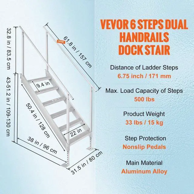 Alt view image 8 of 8 - VEVOR Dock Ladder, 43''-51'' Adjustable Height, 500 lbs Load Capacity, Aluminum Alloy 6 Steps Pontoon Boat Ladder with Dual Handrails & Nonslip Rubber Mat, Ideal for Ship/Lake/Pool/Marine Boarding