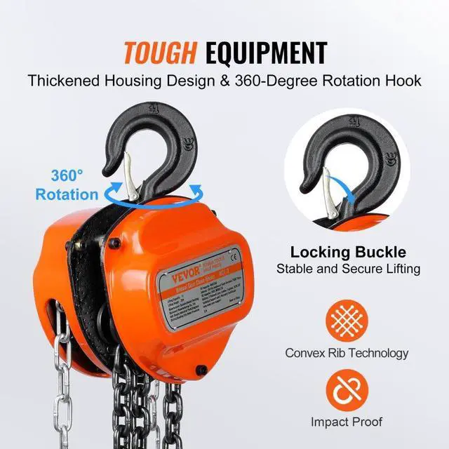Alt view image 7 of 8 - VEVOR Manual Chain Hoist, 1 Ton 2200 lbs Capacity 20 FT Come Along, G80 Galvanized Carbon Steel with Double-Pawl Brake, Auto Chain Leading & 360 Rotation Hook, for Garage Factory Dock