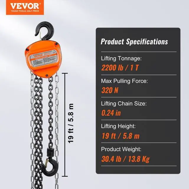 Alt view image 8 of 8 - VEVOR Manual Chain Hoist, 1 Ton 2200 lbs Capacity 20 FT Come Along, G80 Galvanized Carbon Steel with Double-Pawl Brake, Auto Chain Leading & 360 Rotation Hook, for Garage Factory Dock