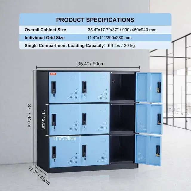 Alt view image 7 of 14 - VEVOR Metal Locker for Employees, 9 Doors Storage Cabinet with Card Slot, Employee Lockers with Keys, 66lbs Loading Capacity office Storage Lockers for Home, School, Office, Gym, Black
