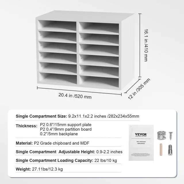 Alt view image 8 of 8 - VEVOR Literature Organizers, 12 Compartments Office Mailbox with Adjustable Shelves, Wood Literature Sorter 20.4x12x16.1 inches for Office, Home, Classroom, Mailrooms Organization, EPA Certified White