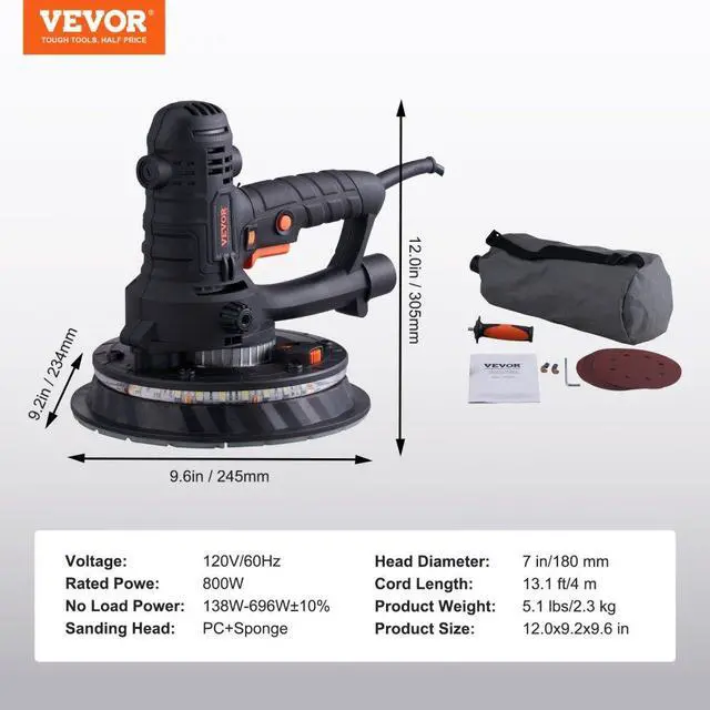 Alt view image 8 of 15 - VEVOR Drywall Sander 800W Brush Motor 1200-2300RPM Variable Speed & Auto Vacuum