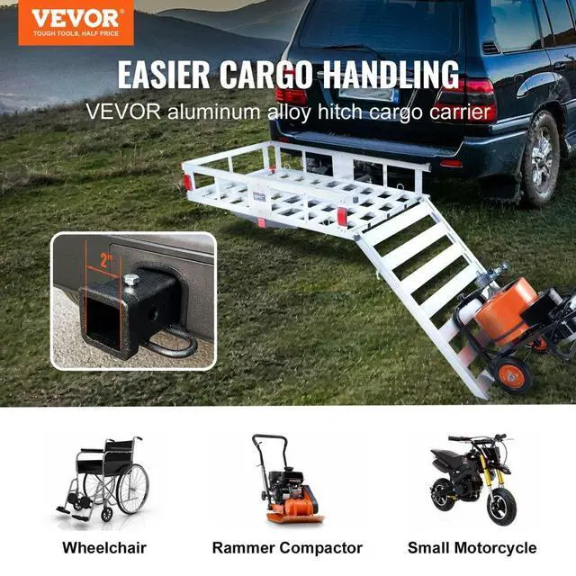 Alt view image 3 of 15 - VEVOR 47 x 28 x 6in Hitch Cargo Carrier, 500lb Capacity Trailer Hitch Mount Aluminum Cargo Basket with Folding Ramp, Luggage Carrier Rack Fits 2" Hitch Receiver for SUV Truck Pickup Camping