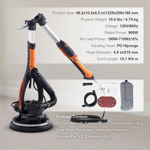 Alt view image 8 of 15 - VEVOR Drywall Sander 900W Brush Motor 800-1800RPM Variable Speed & Self-Suction