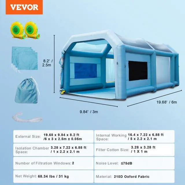 Alt view image 8 of 8 - VEVOR Inflatable Paint Booth, 20x10x8ft Inflatable Spray Booth, High Powerful 480W+750W Blowers Spray Booth Tent, Car Paint Tent Air Filter System for Car Parking Tent Workstation Motorcycle Garage
