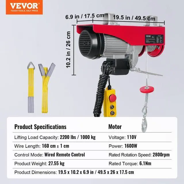 Alt view image 8 of 8 - VEVOR Electric Hoist, 2200 lbs Lifting Capacity, 1600W 110V Electric Steel Wire Winch with 14ft Wired Remote Control, 40ft Single Cable Lifting Height & Pure Copper Motor, for Garage Warehouse Factory