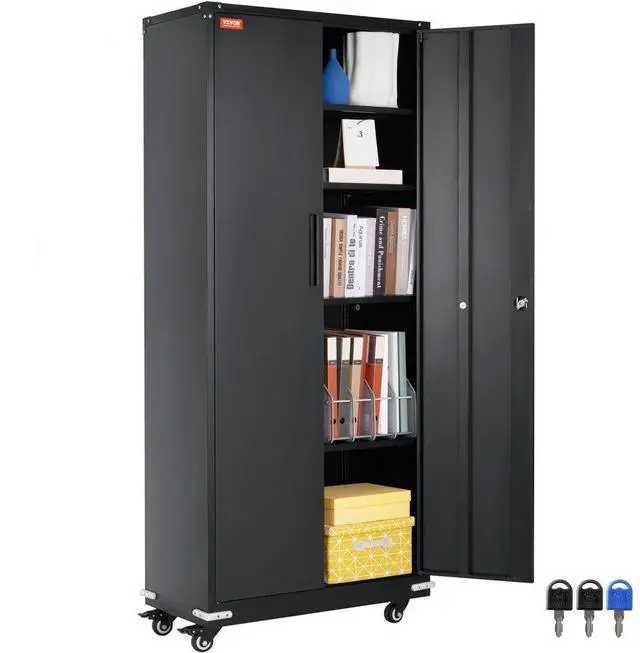 Alt view image 2 of 15 - VEVOR Metal Storage Cabinet with Wheels, 75'' Locking Cabinet with 2 Magnetic Doors and 4 Adjustable Shelves, 200 lbs Capacity per Shelf, Metal Cabinet with 3 Keys for Office, Garage, Home, Black