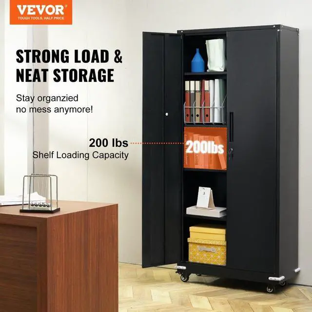 Alt view image 3 of 15 - VEVOR Metal Storage Cabinet with Wheels, 75'' Locking Cabinet with 2 Magnetic Doors and 4 Adjustable Shelves, 200 lbs Capacity per Shelf, Metal Cabinet with 3 Keys for Office, Garage, Home, Black