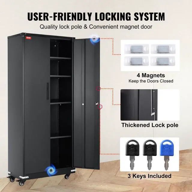 Alt view image 5 of 15 - VEVOR Metal Storage Cabinet with Wheels, 75'' Locking Cabinet with 2 Magnetic Doors and 4 Adjustable Shelves, 200 lbs Capacity per Shelf, Metal Cabinet with 3 Keys for Office, Garage, Home, Black