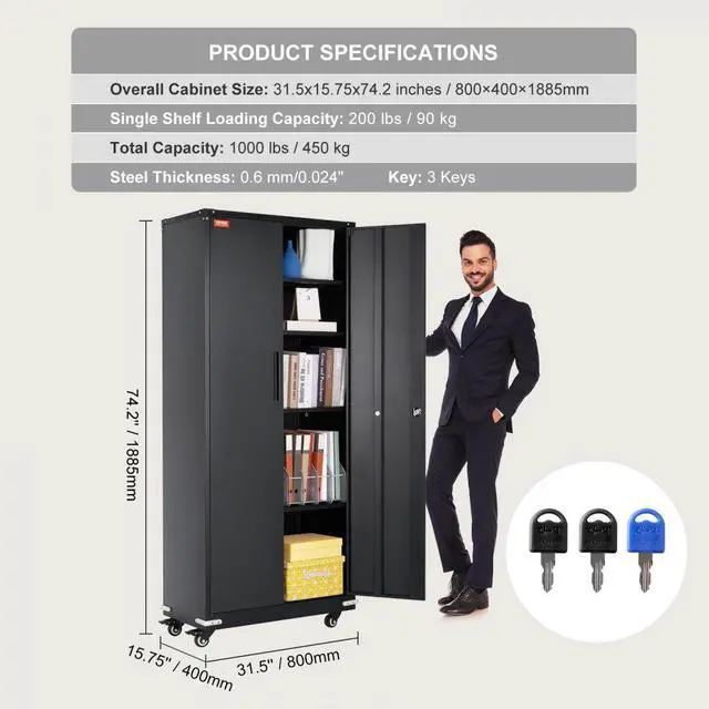 Alt view image 8 of 15 - VEVOR Metal Storage Cabinet with Wheels, 75'' Locking Cabinet with 2 Magnetic Doors and 4 Adjustable Shelves, 200 lbs Capacity per Shelf, Metal Cabinet with 3 Keys for Office, Garage, Home, Black