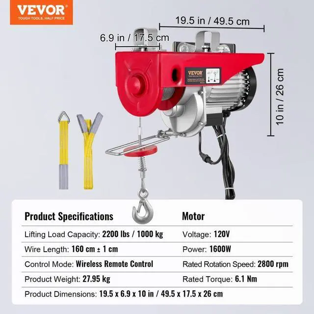 Alt view image 8 of 8 - VEVOR Electric Hoist, 2200 lbs Lifting Capacity, 1600W 110V Electric Steel Wire Winch with Wireless Remote Control, 40ft Single Cable Lifting Height & Pure Copper Motor, for Garage Warehouse Factory