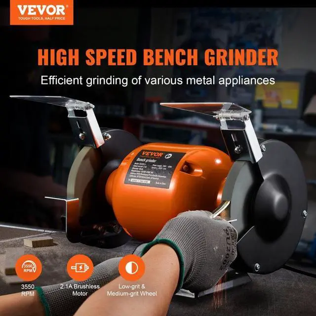 Alt view image 3 of 8 - VEVOR Bench Grinder, 6 inch Single Speed Bench Grinder with 2.1A Brushless Motor 3550 RPM, Table Grinder with 36/80-Grit Aluminum Oxide Grinding Wheels, Adjustable Eye Shield for Grinding, Sharpening