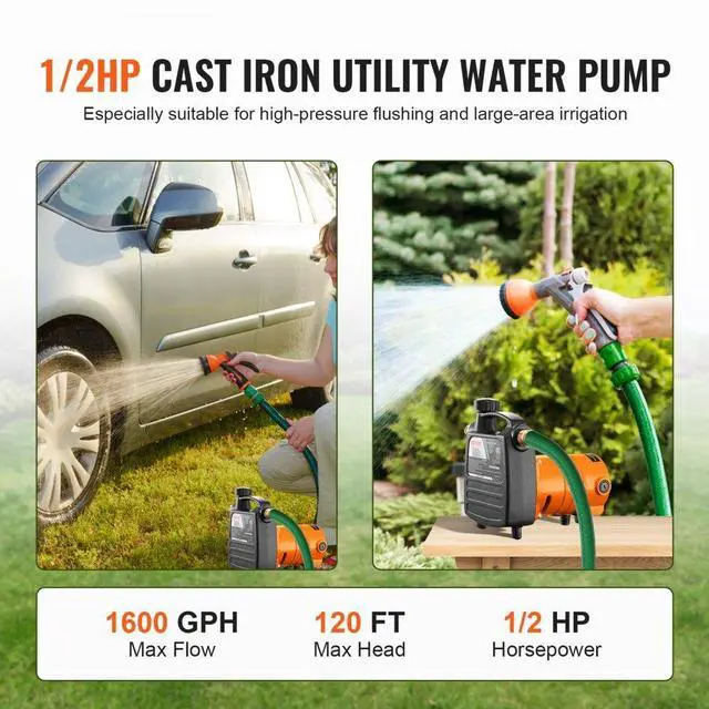Alt view image 3 of 8 - VEVOR Cast Iron Water Transfer Pump, 115V AC 1600 GPH 1/2HP, Portable Electric Utility Pump with Carbon Brush, Filter, Brass Connectors, for Garden, Rain Barrel, Pool, Pond, Hot Tub, Aquarium Draining