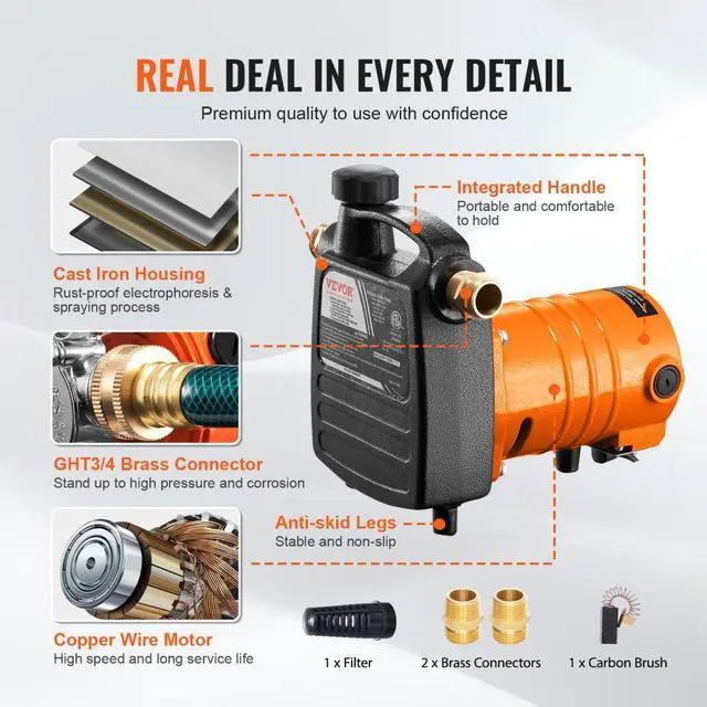 Alt view image 6 of 8 - VEVOR Cast Iron Water Transfer Pump, 115V AC 1600 GPH 1/2HP, Portable Electric Utility Pump with Carbon Brush, Filter, Brass Connectors, for Garden, Rain Barrel, Pool, Pond, Hot Tub, Aquarium Draining