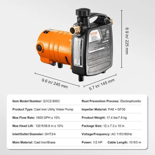 Alt view image 8 of 8 - VEVOR Cast Iron Water Transfer Pump, 115V AC 1600 GPH 1/2HP, Portable Electric Utility Pump with Carbon Brush, Filter, Brass Connectors, for Garden, Rain Barrel, Pool, Pond, Hot Tub, Aquarium Draining