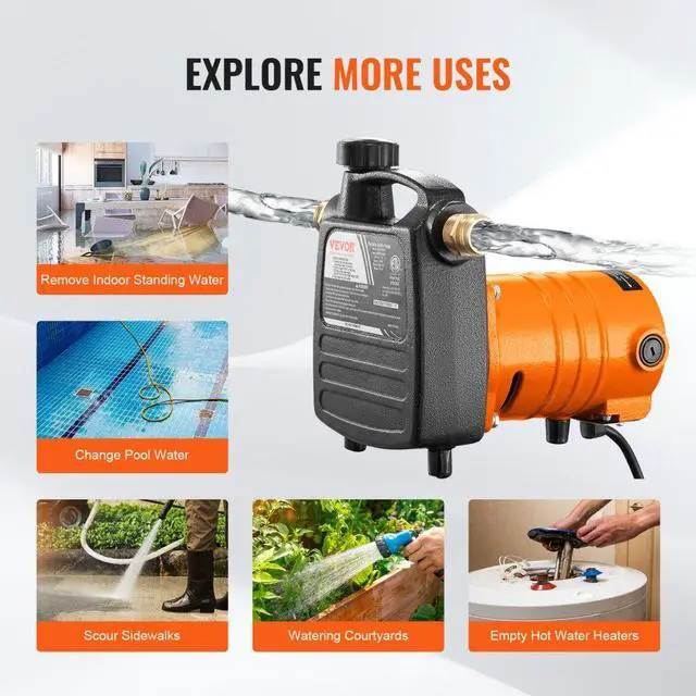 Alt view image 7 of 8 - VEVOR Cast Iron Water Transfer Pump, 115V AC 1600 GPH 1/2HP, Portable Electric Utility Pump with Carbon Brush, Filter, Brass Connectors, for Garden, Rain Barrel, Pool, Pond, Hot Tub, Aquarium Draining