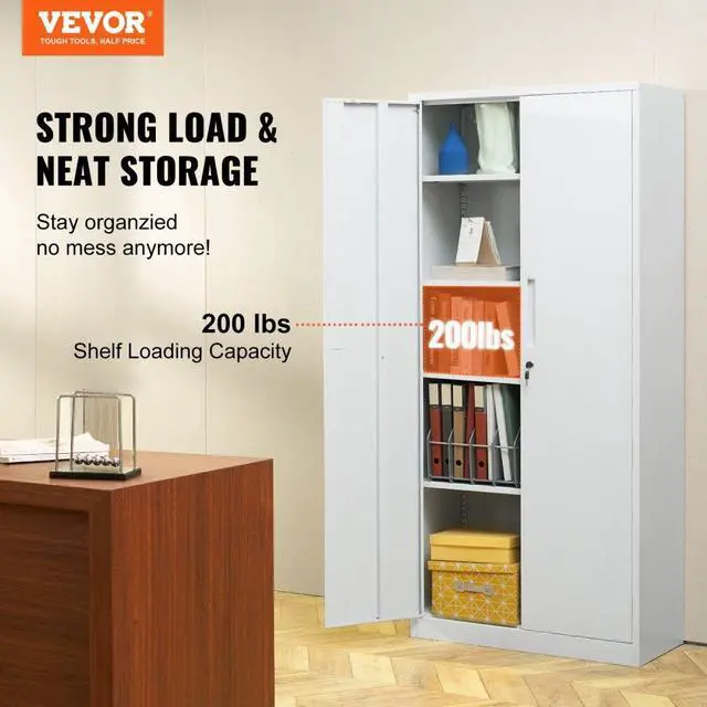 Alt view image 3 of 8 - VEVOR Metal Storage Cabinet with 2 Magnetic Doors and 4 Adjustable Shelves, 200 lbs Capacity per Shelf, Locking Steel Storage Cabinet, 71'' Metal Cabinet with 3 Keys, for Office, Garage, Home, White