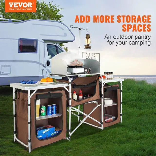 Alt view image 2 of 7 - VEVOR Camping Kitchen Table, Folding Outdoor Cooking Table with Storage Carrying Bag, Aluminum Cook Station 3 Cupboard & Detachable Windscreen, Quick Set-up for Picnics, BBQ, RV Traveling, Brown