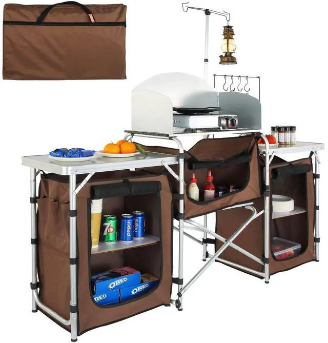 Main image of VEVOR Camping Kitchen Table, Folding Outdoor Cooking Table with Storage Carrying Bag, Aluminum Cook Station 3 Cupboard & Detachable Windscreen, Quick Set-up for Picnics, BBQ, RV Traveling, Brown