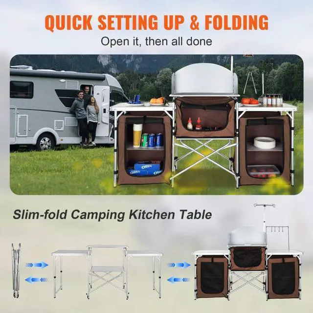 Alt view image 3 of 7 - VEVOR Camping Kitchen Table, Folding Outdoor Cooking Table with Storage Carrying Bag, Aluminum Cook Station 3 Cupboard & Detachable Windscreen, Quick Set-up for Picnics, BBQ, RV Traveling, Brown